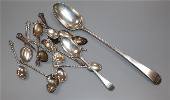 A George III silver Old English pattern basting spoon, George Smith II, London, 1778 and other minor spoons.